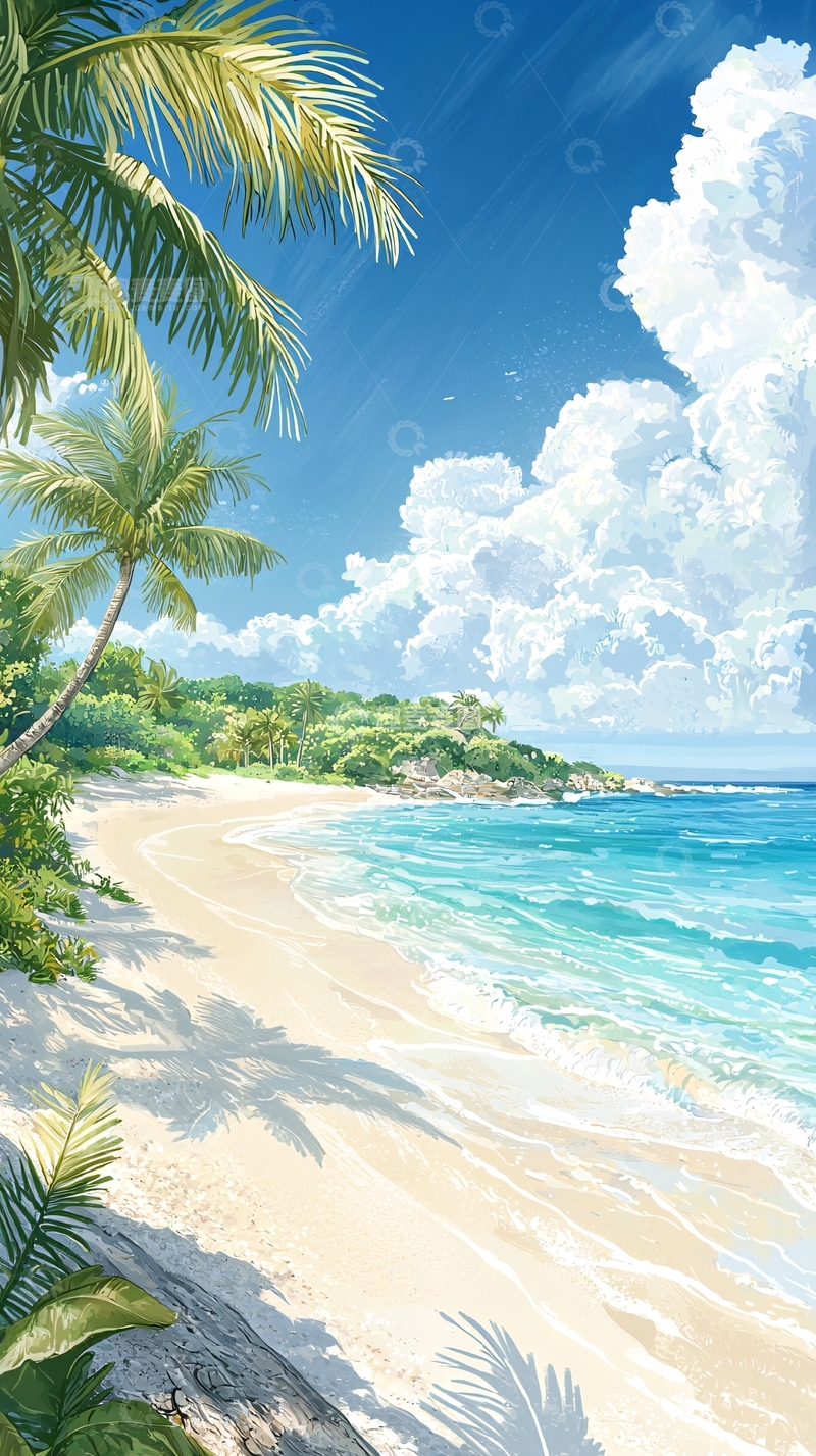 高清大图下载【趣麦麦图】热带海滩风景插画