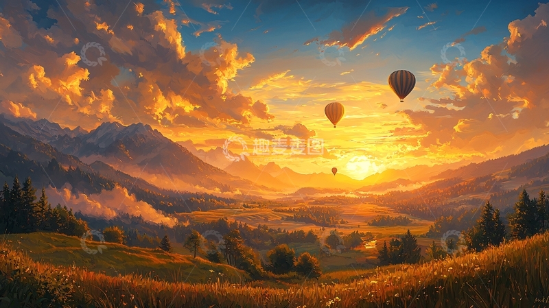 高清大图下载【趣麦麦图】日落山间热气球飞翔