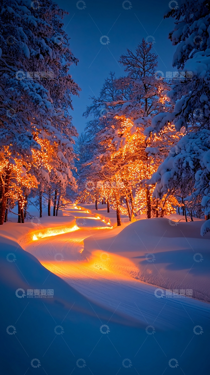 高清大图下载【趣麦麦图】冬夜雪路灯火辉煌