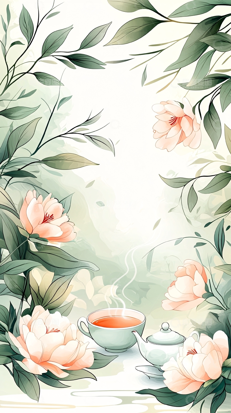 高清大图下载【趣麦麦图】茶香花影静谧时光