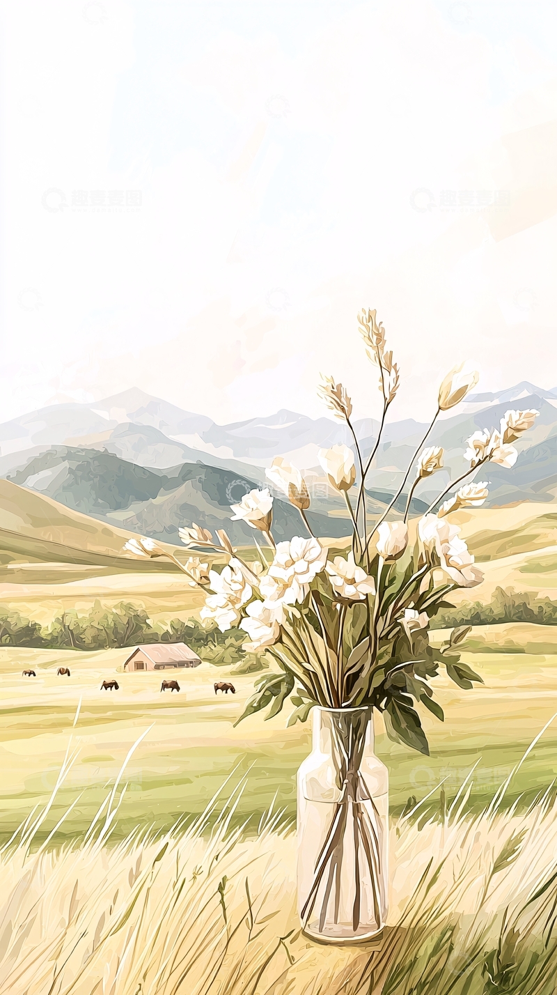 高清大图下载【趣麦麦图】乡村田野上的花瓶插花