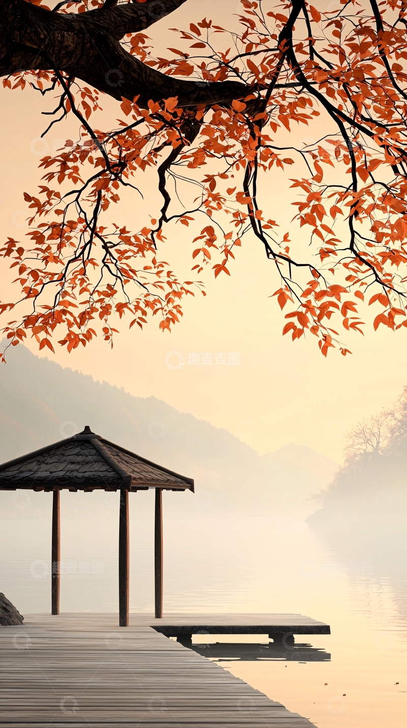 高清大图下载【趣麦麦图】秋日湖畔木亭静谧