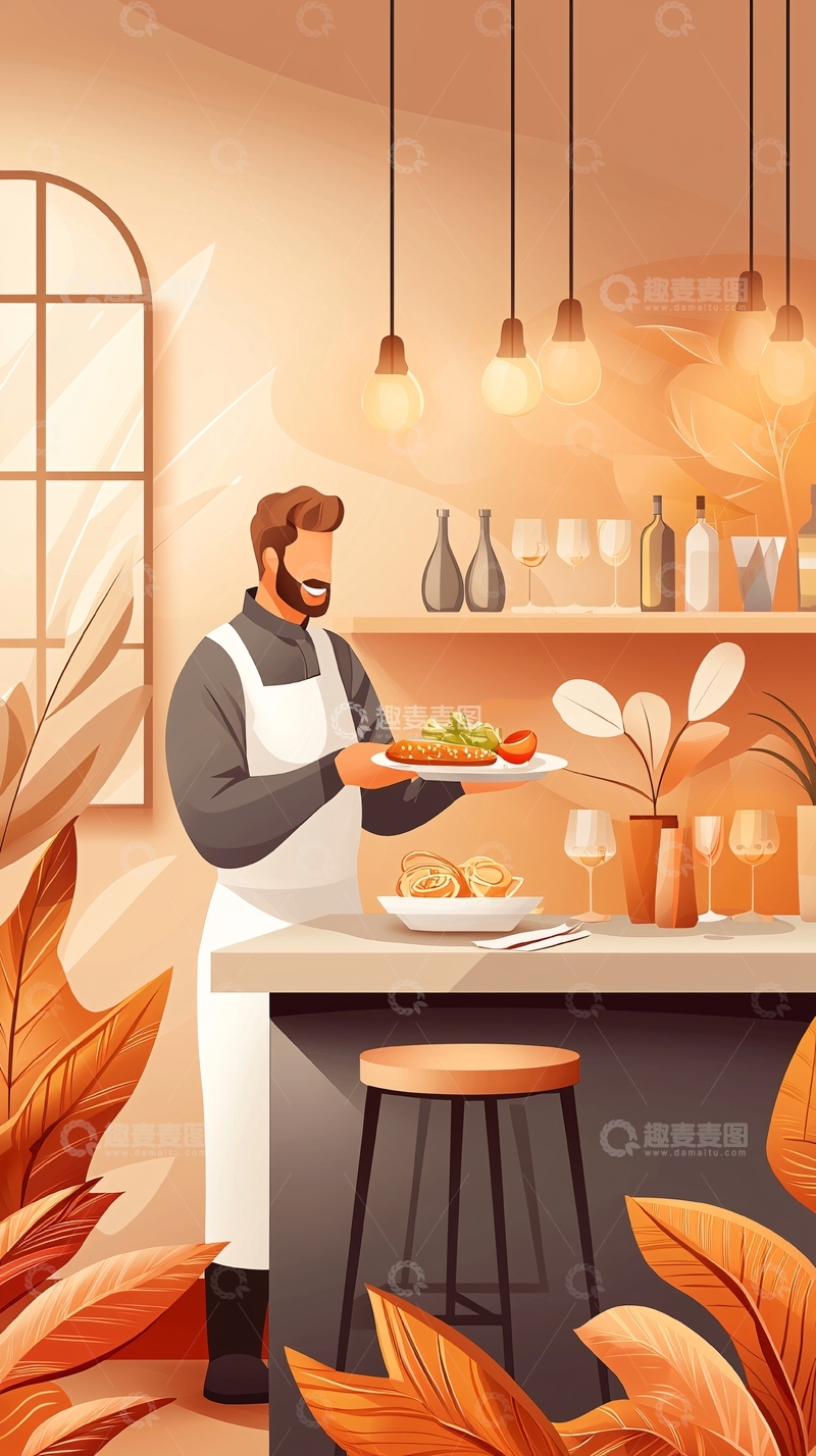 高清大图下载【趣麦麦图】温馨餐厅服务员端盘子插画