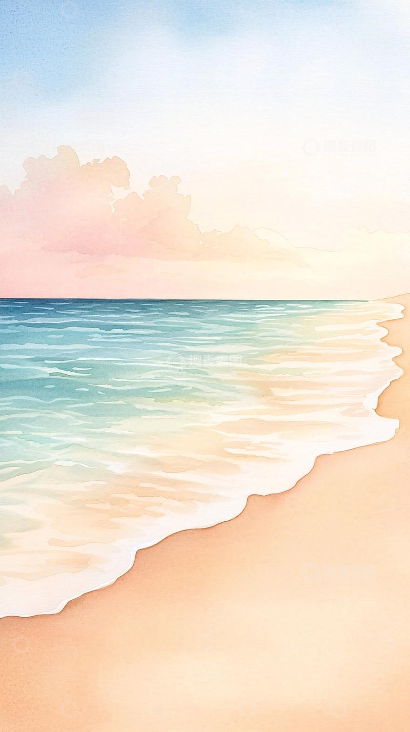 高清大图下载【趣麦麦图】海滩日落水彩画背景