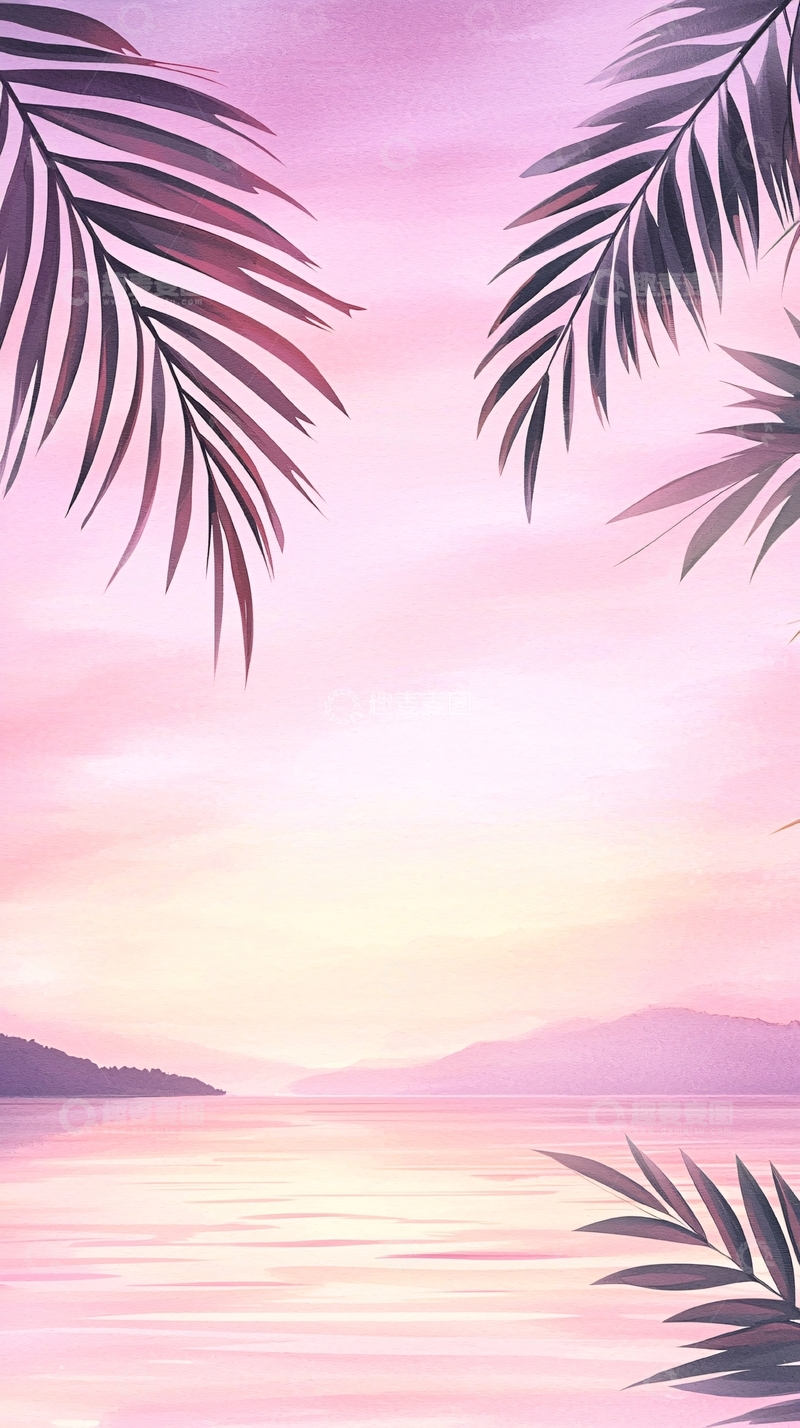 高清大图下载【趣麦麦图】粉色海滩日落风景图