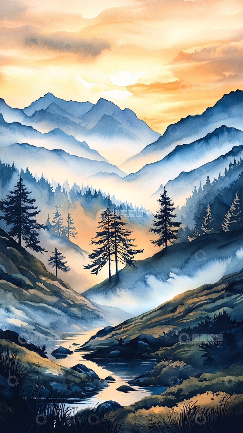 高清大图下载【趣麦麦图】晨雾山河图高清图片