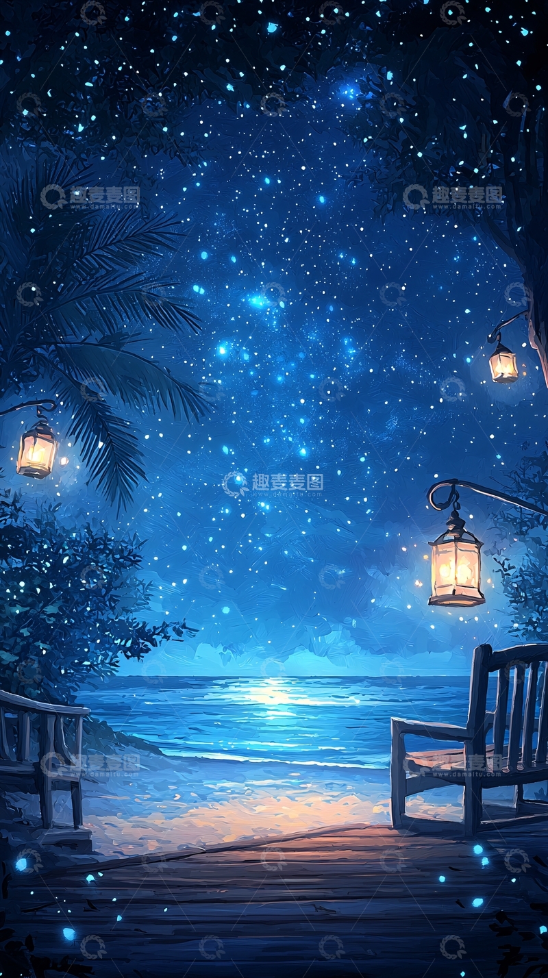 高清大图下载【趣麦麦图】夜晚海边星空下的浪漫场景