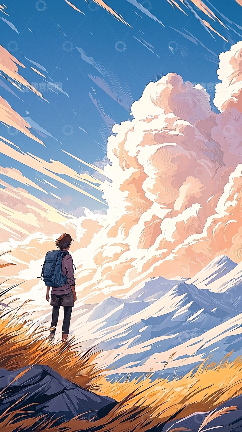 高清大图下载【趣麦麦图】徒步登山者与壮丽云海