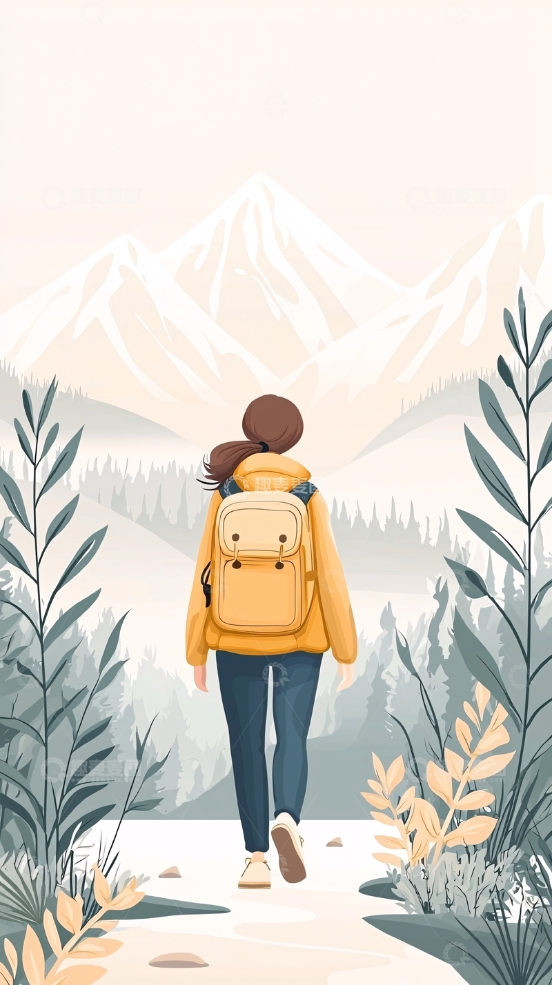 高清大图下载【趣麦麦图】徒步雪山风景插画
