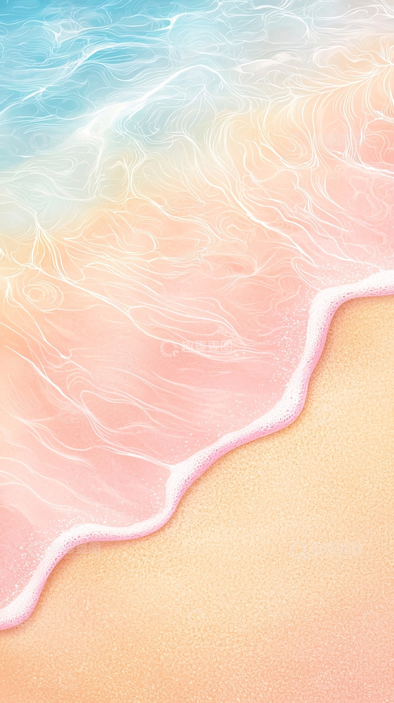 高清大图下载【趣麦麦图】粉色海滩海浪沙滩背景图