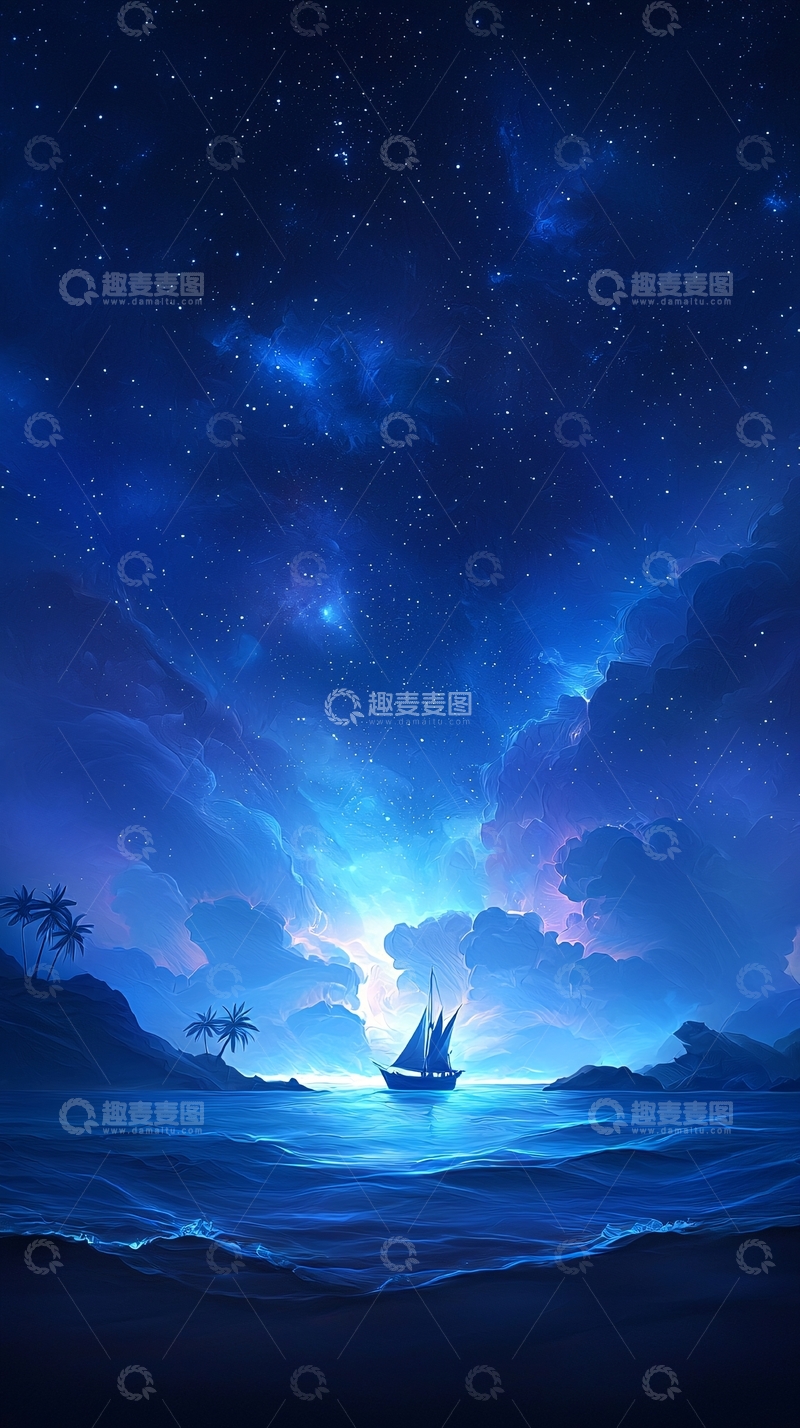 高清大图下载【趣麦麦图】夜海帆船星辰梦