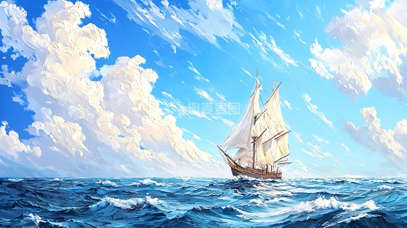 高清大图下载【趣麦麦图】帆船航行在波涛汹涌的大海上