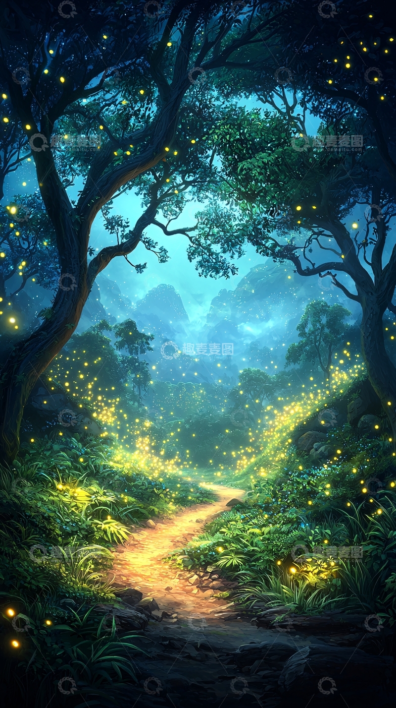 高清大图下载【趣麦麦图】梦幻森林萤火虫小径