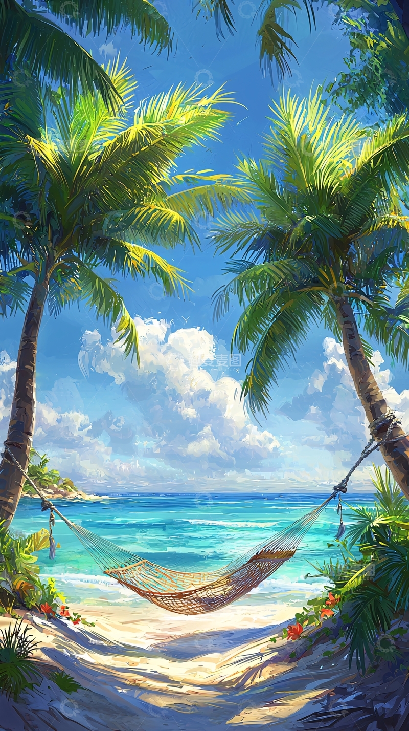 高清大图下载【趣麦麦图】热带海滩吊床和棕榈树