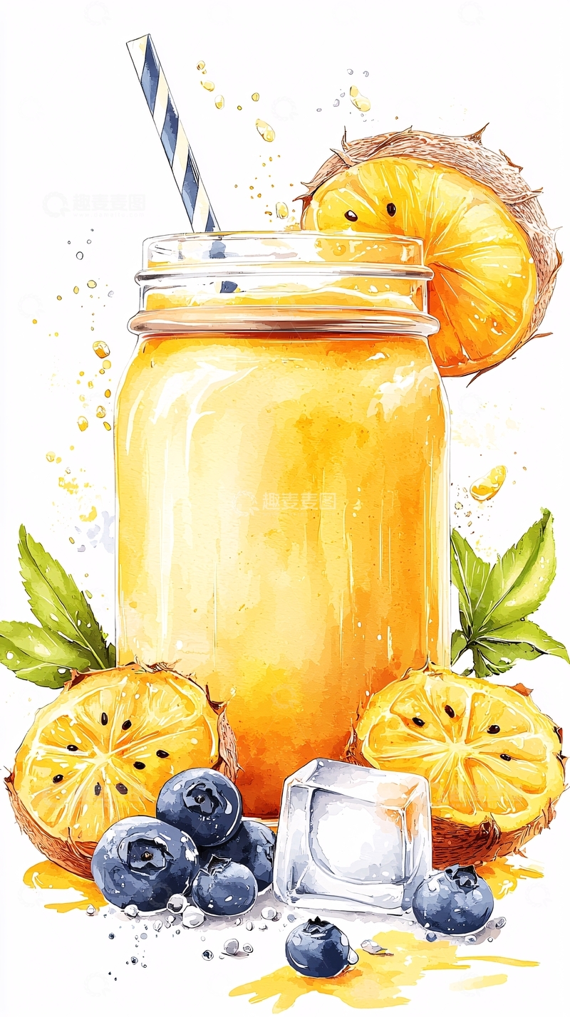 高清大图下载【趣麦麦图】-猕猴桃蓝莓冰块果汁饮品插画
