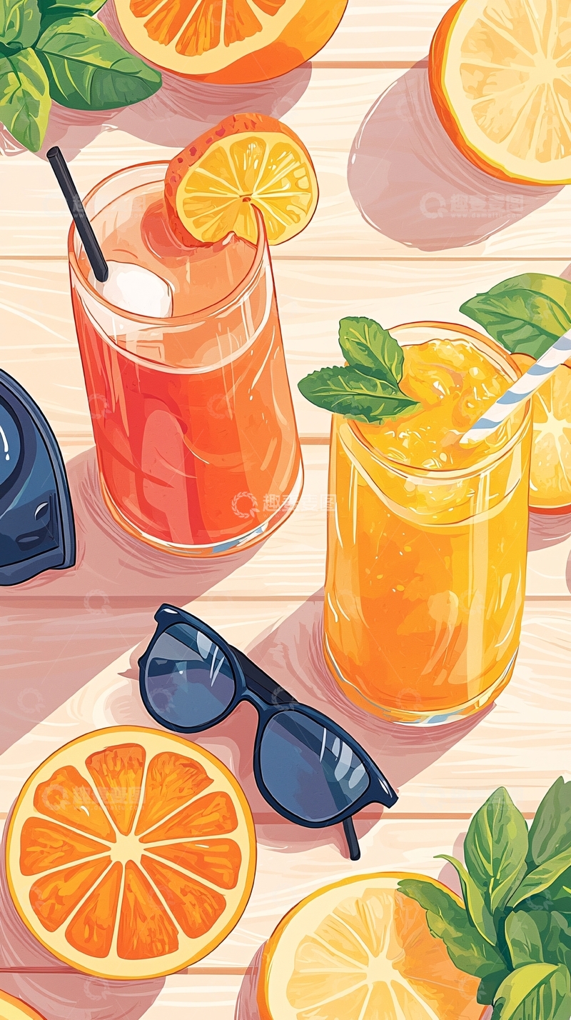 高清大图下载【趣麦麦图】夏日饮品与水果插画背景