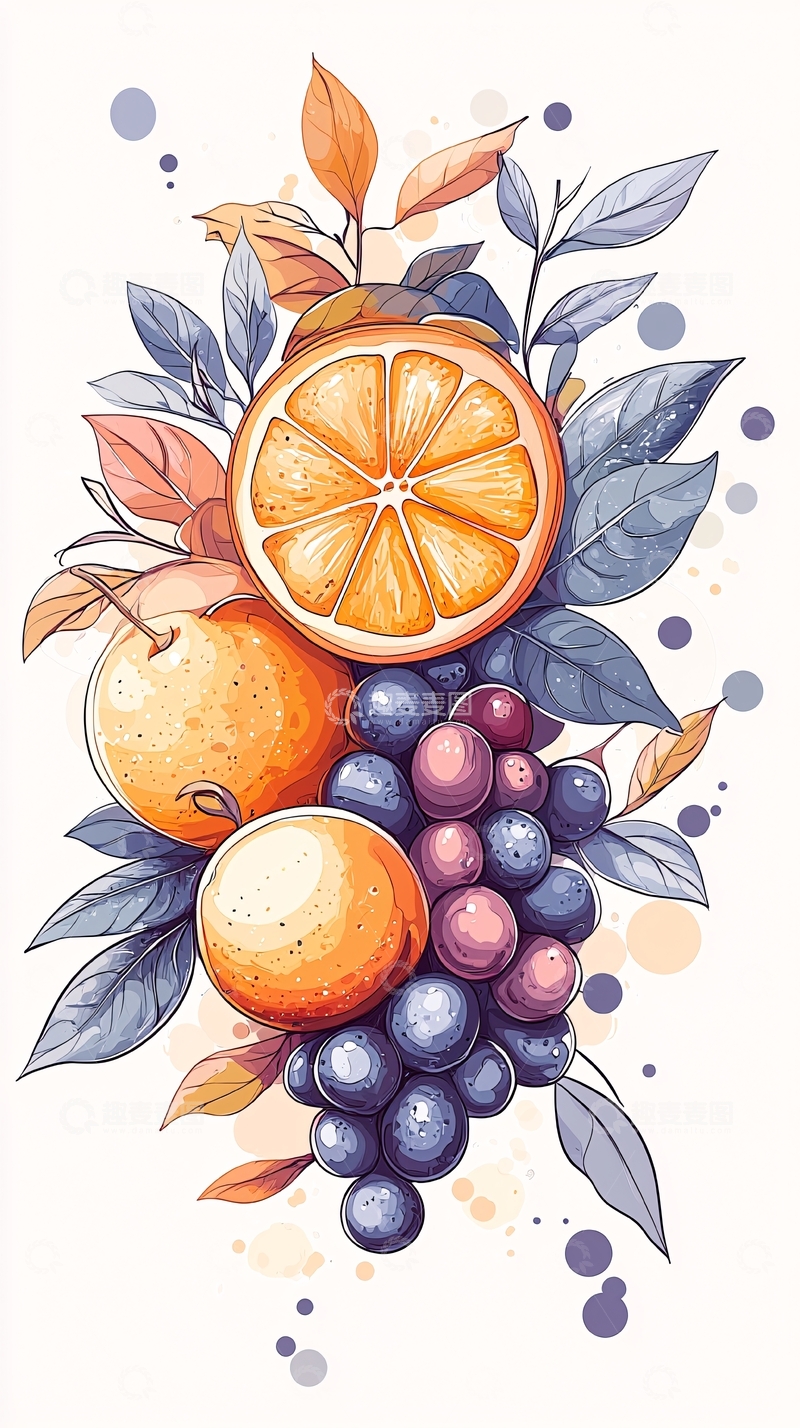 高清大图下载【趣麦麦图】橙子葡萄插画素材
