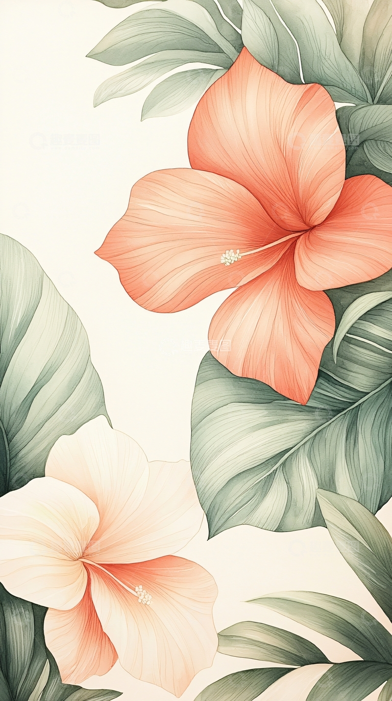 高清大图下载【趣麦麦图】热带花卉手绘插画背景图