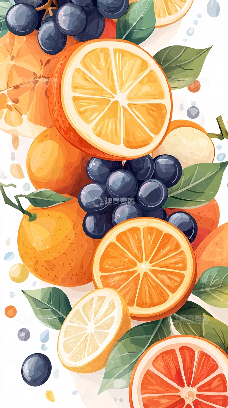 高清大图下载【趣麦麦图】橙子葡萄水果拼盘插画