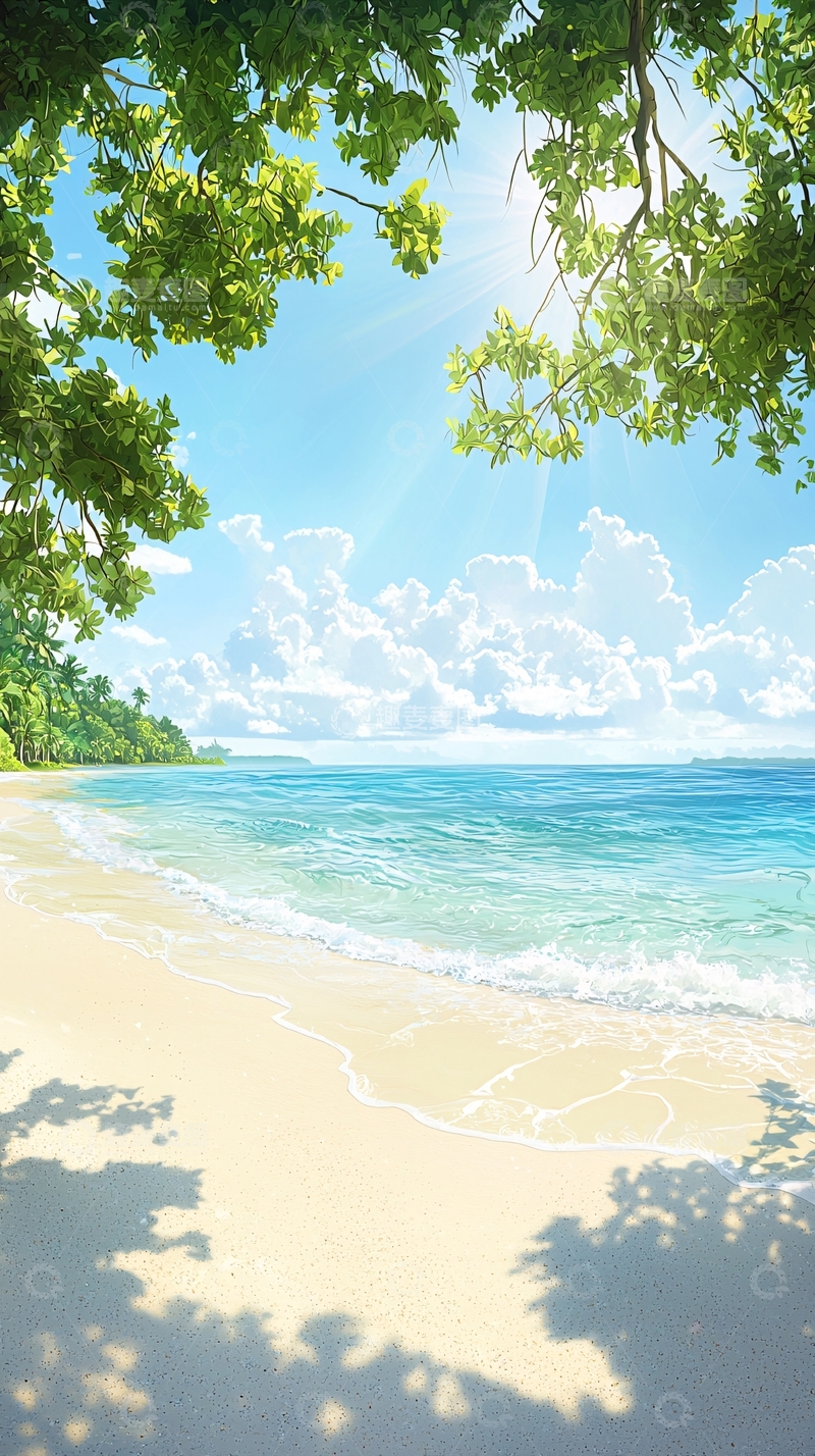 高清大图下载【趣麦麦图】热带海滩风景插画