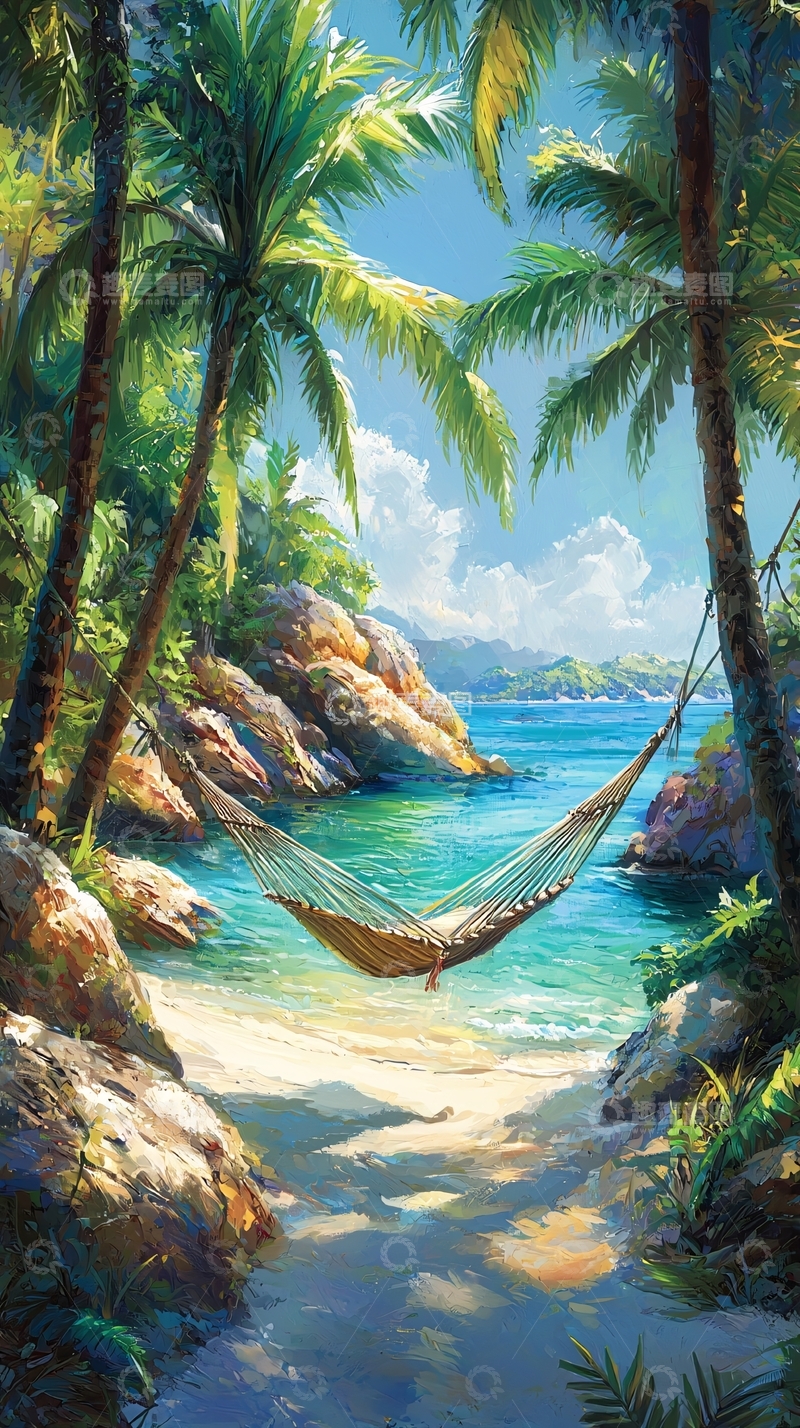 高清大图下载【趣麦麦图】热带海滩吊床风景
