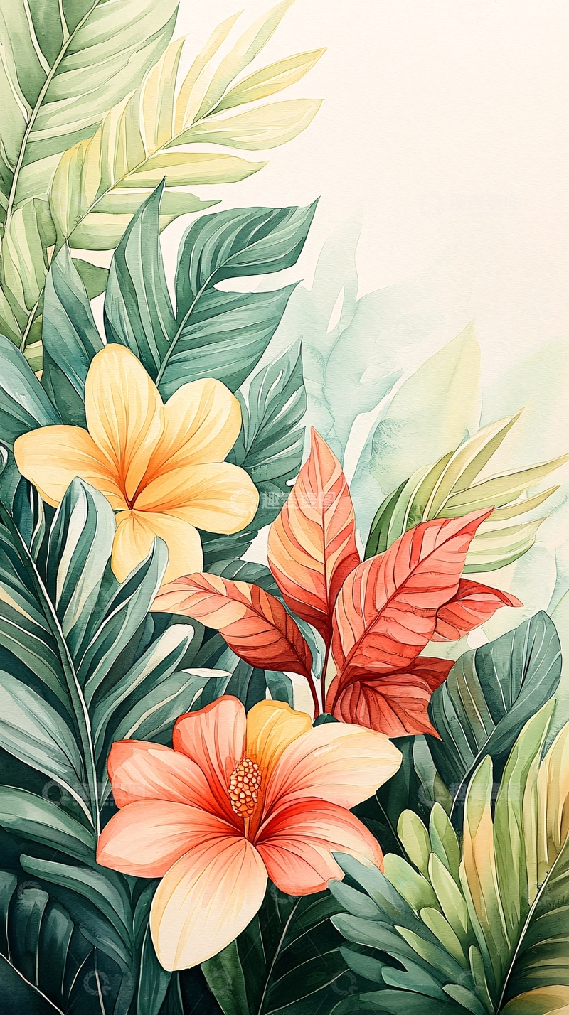 高清大图下载【趣麦麦图】热带风情花卉与绿叶背景