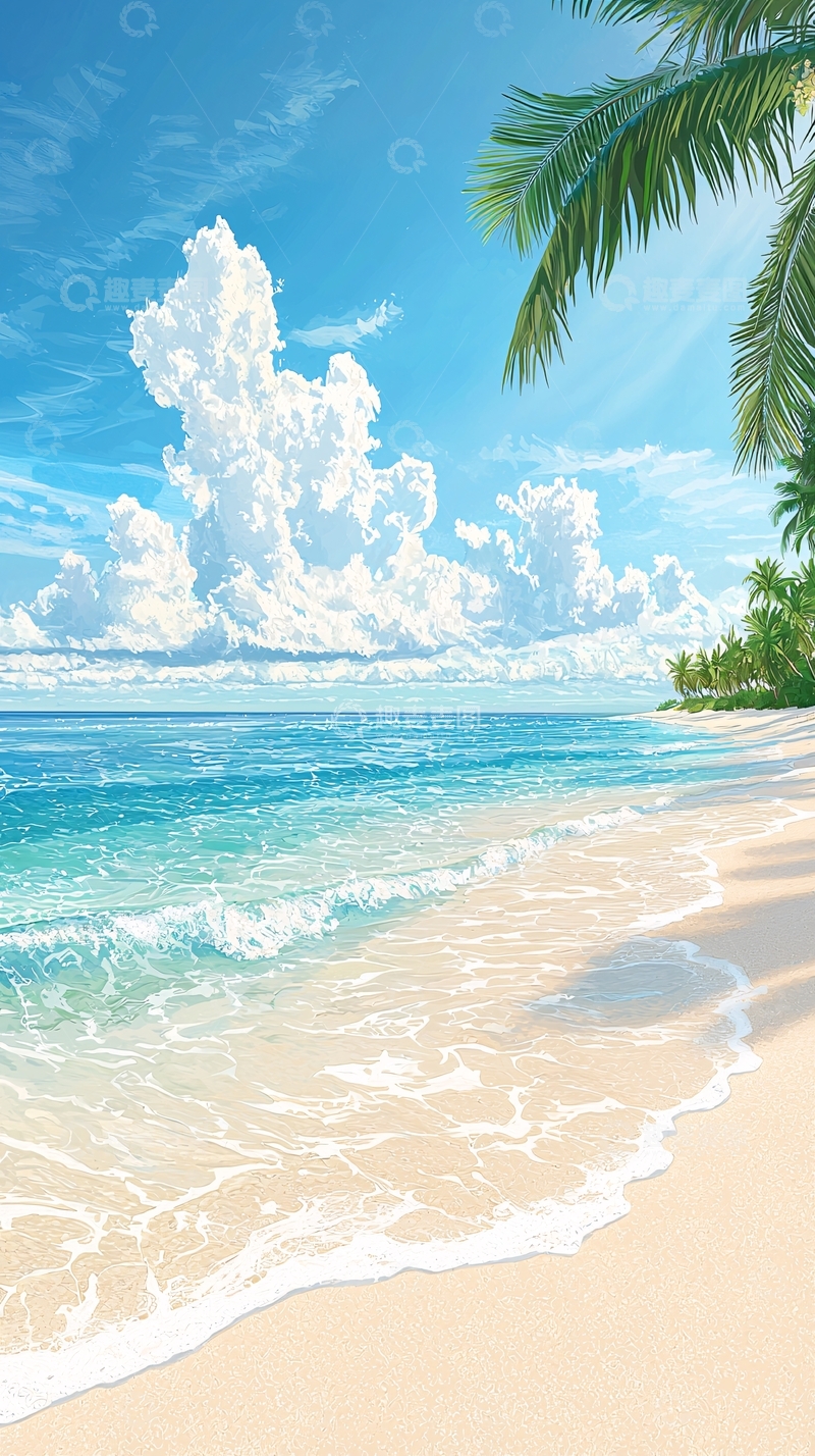 高清大图下载【趣麦麦图】热带海滩风景插画