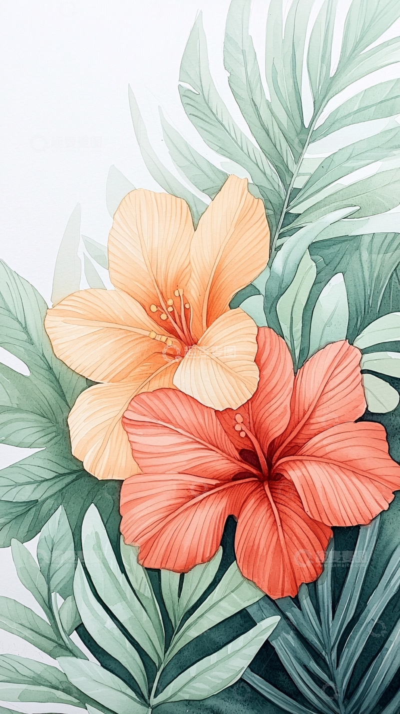 高清大图下载【趣麦麦图】热带花卉手绘插画背景图