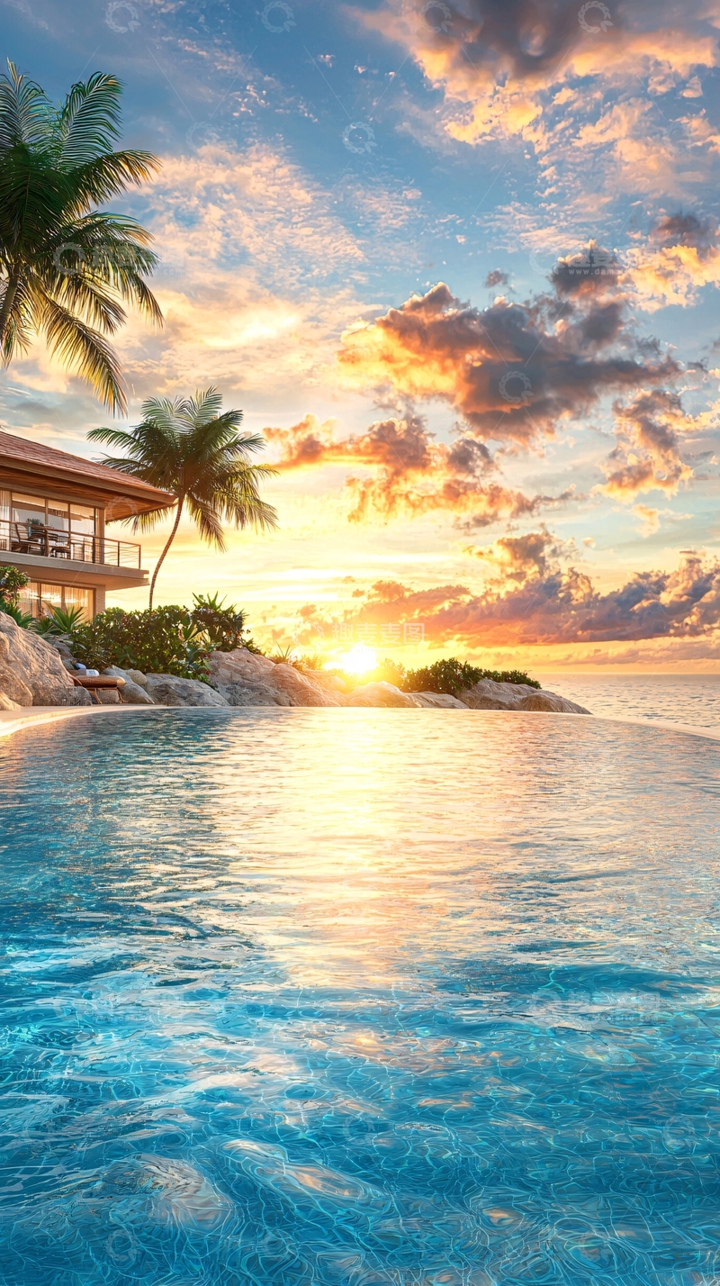 高清大图下载【趣麦麦图】海边泳池日落美景