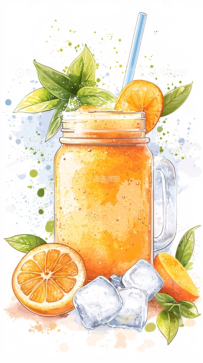 高清大图下载【趣麦麦图】-橙汁冰块手绘插画