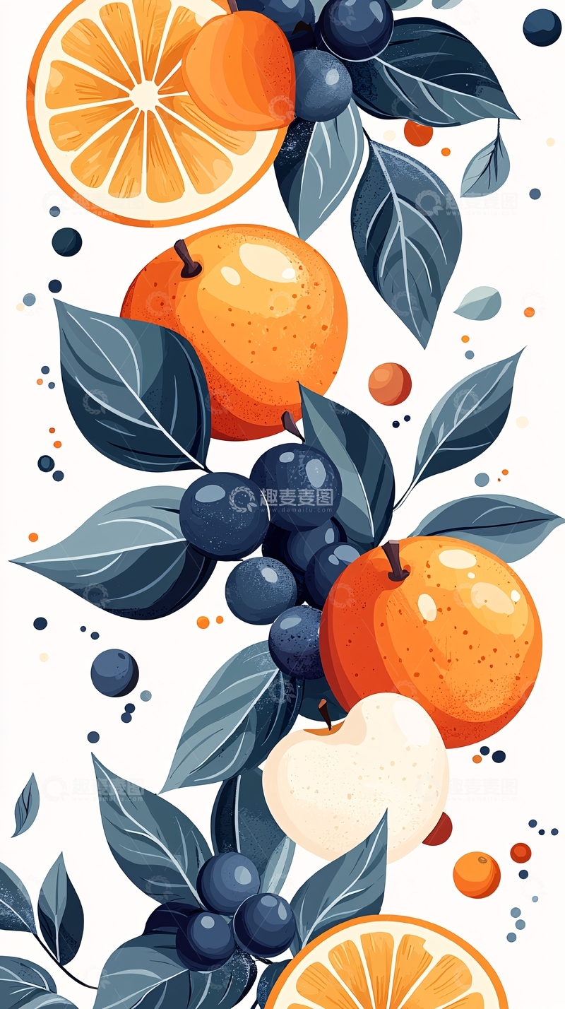 高清大图下载【趣麦麦图】橙子蓝莓苹果插画素材