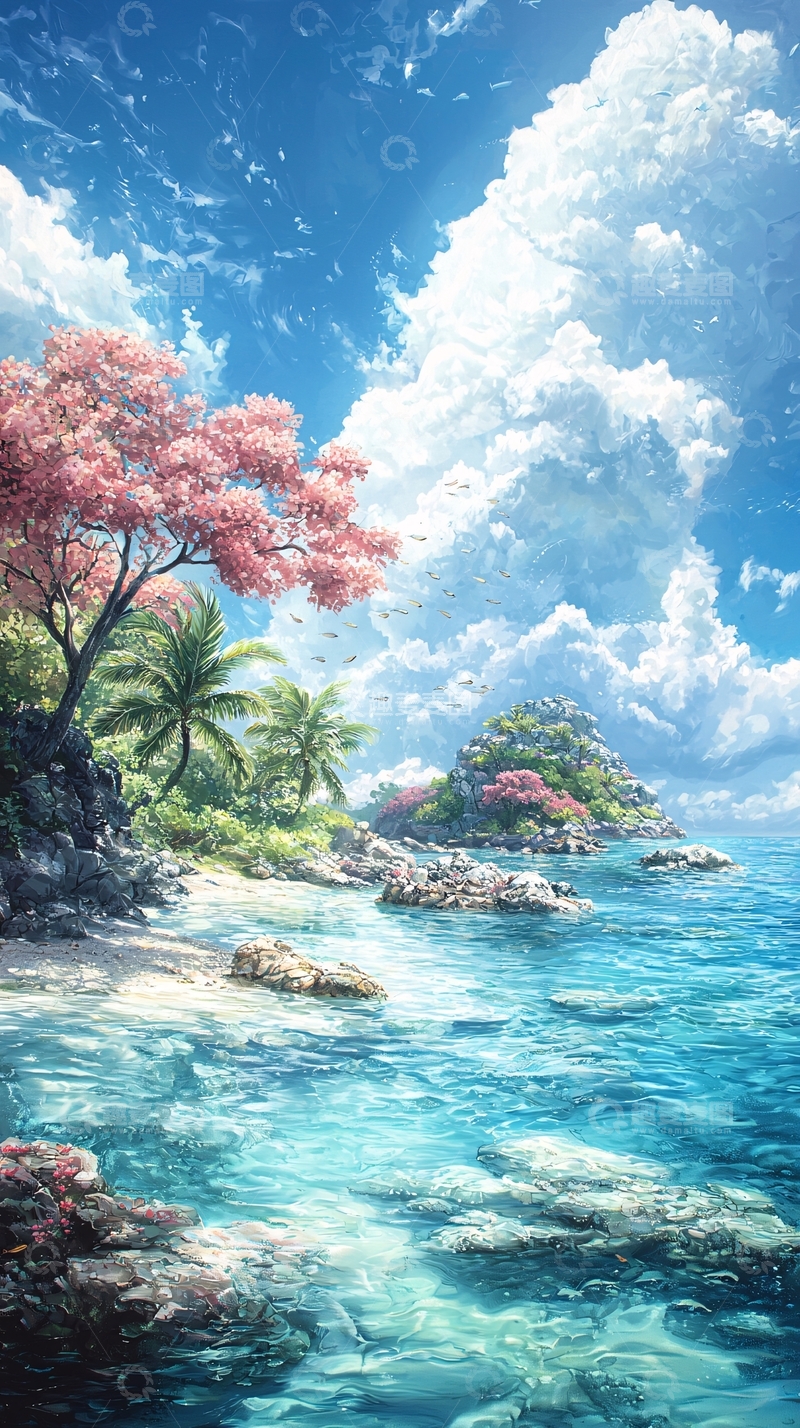 高清大图下载【趣麦麦图】梦幻海滩与粉色樱花