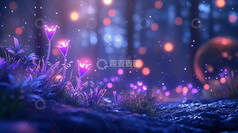 高清大图下载【趣麦麦图】梦幻森林中的发光花朵