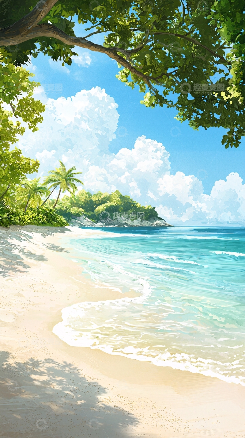 高清大图下载【趣麦麦图】热带海滩风景插画