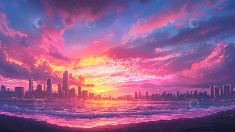 高清大图下载【趣麦麦图】梦幻城市日落海滩风景