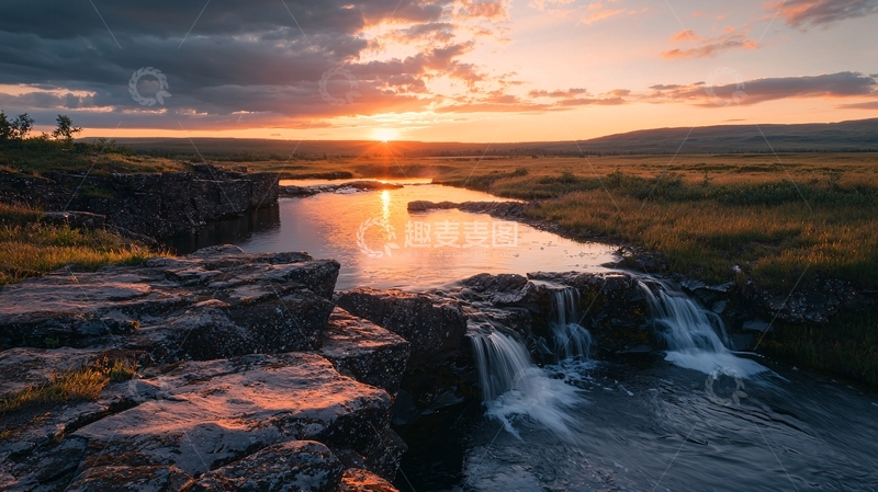 高清大图下载【趣麦麦图】日落时分的溪流瀑布风景