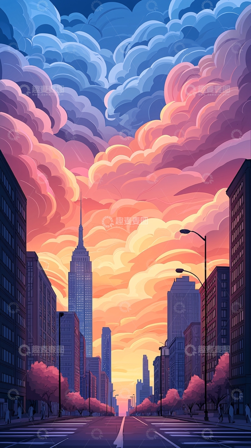 高清大图下载【趣麦麦图】城市日落高楼建筑插画