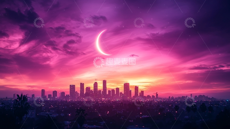 高清大图下载【趣麦麦图】紫色天空下的城市剪影