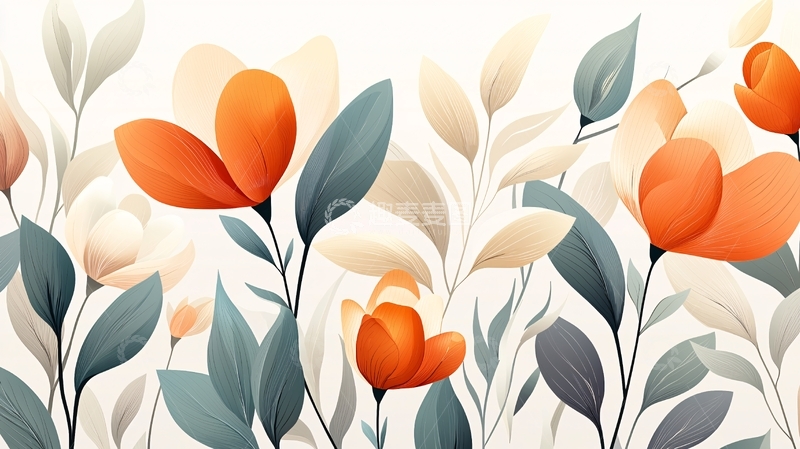 高清大图下载【趣麦麦图】橙色花朵与绿色叶子的艺术插画