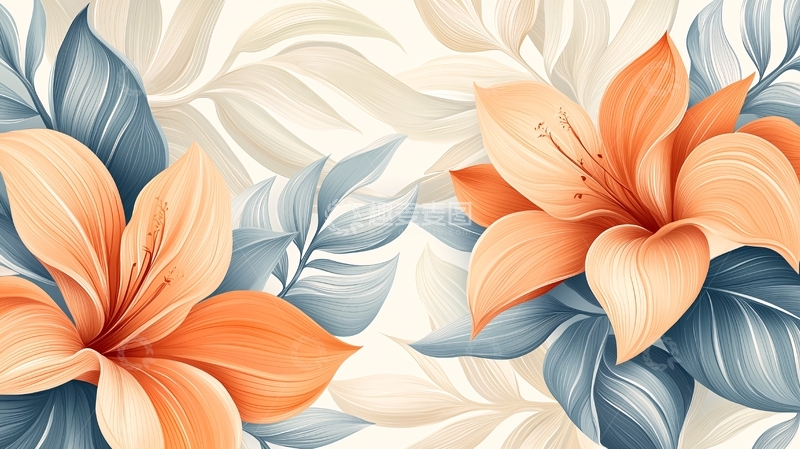 高清大图下载【趣麦麦图】橙色花卉与蓝色叶子的艺术插画