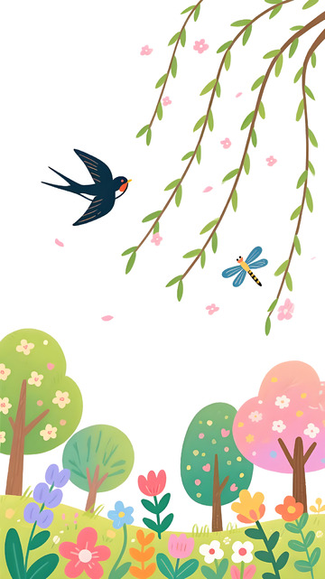 春天手绘插画叶子柳叶植物手绘矢量图素材