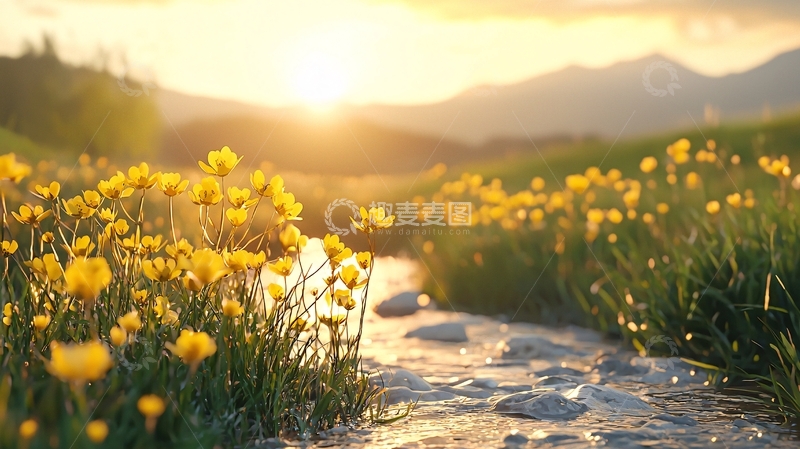 高清大图下载【趣麦麦图】夕阳下的田野小径与黄色花朵