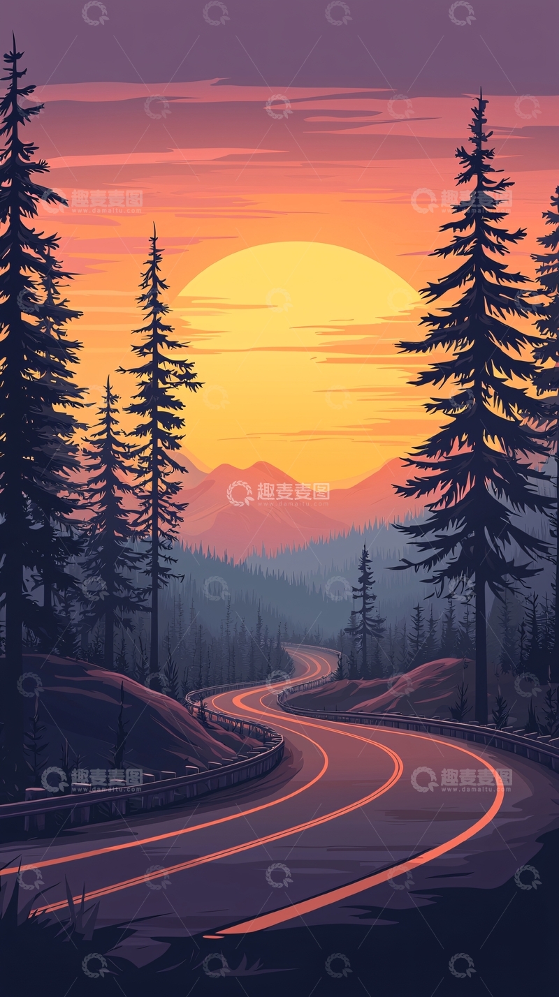 高清大图下载【趣麦麦图】夕阳下的蜿蜒山路