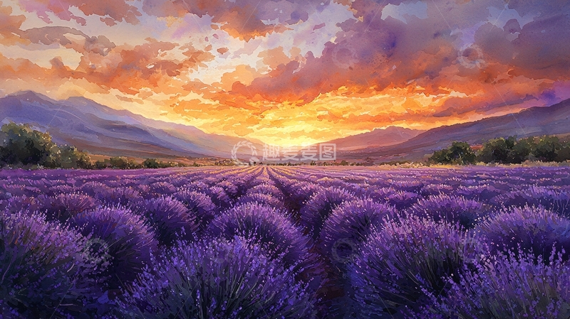 高清大图下载【趣麦麦图】薰衣草田野日落风景