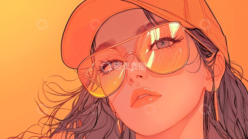 高清大图下载【趣麦麦图】时尚橙色墨镜女孩插画