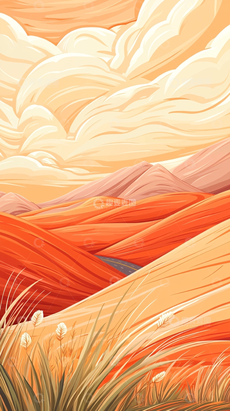 高清大图下载【趣麦麦图】沙漠日落风景插画