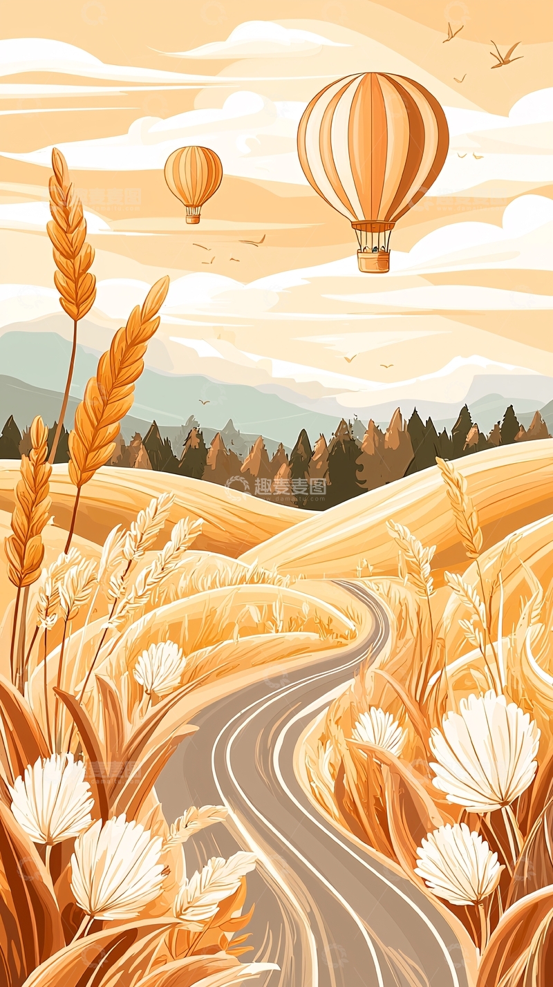 高清大图下载【趣麦麦图】秋日热气球与麦田风景