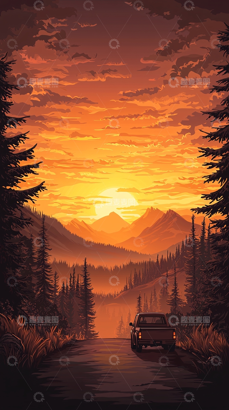 高清大图下载【趣麦麦图】夕阳下的山间公路