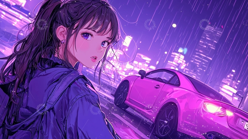 高清大图下载【趣麦麦图】雨夜霓虹下的少女与跑车