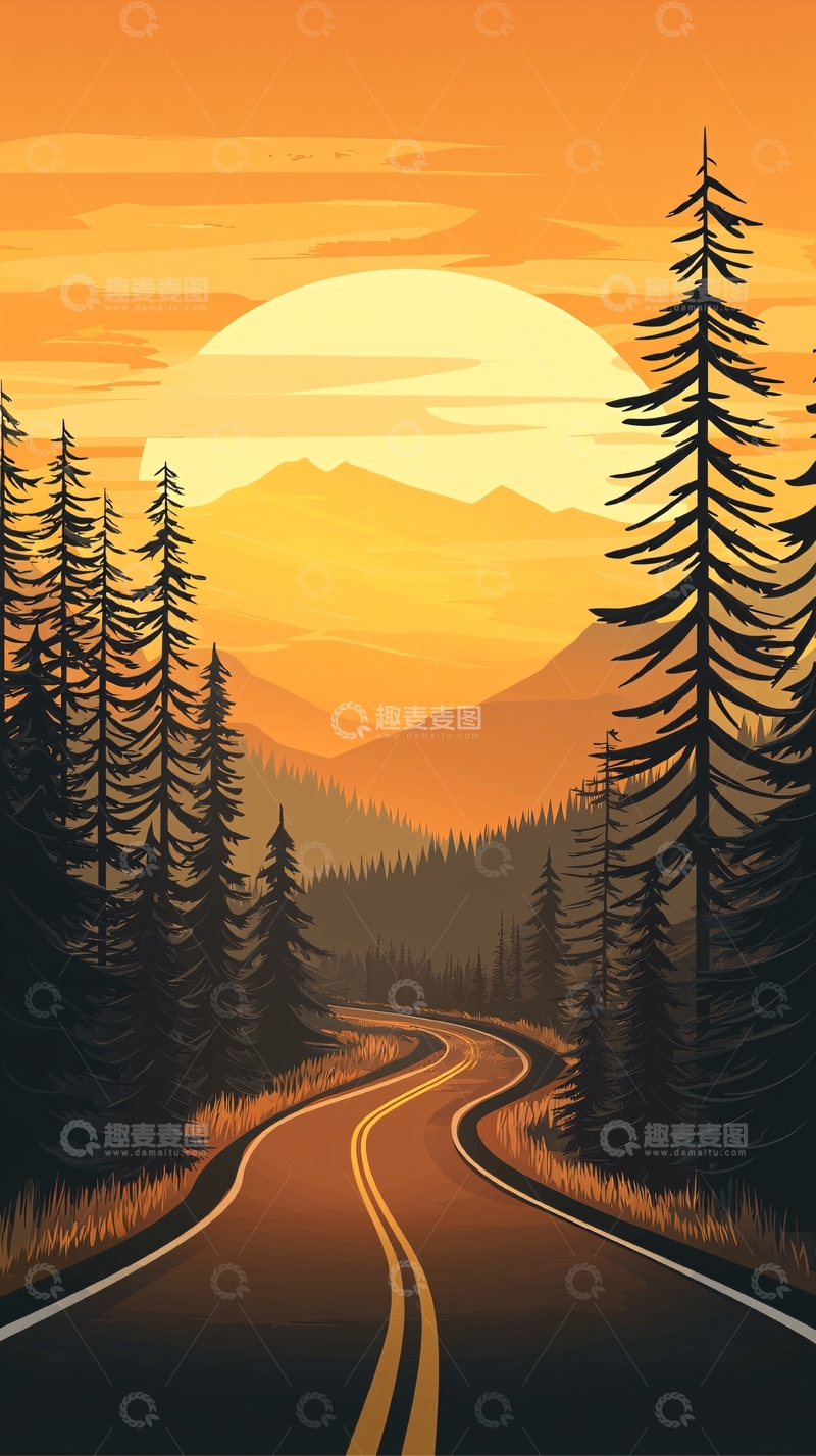 高清大图下载【趣麦麦图】夕阳下的森林公路